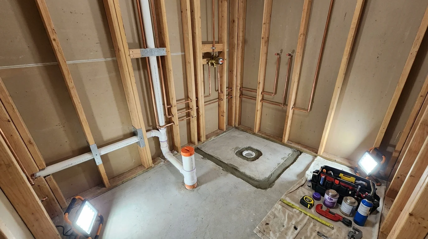 Bathroom rough-in plumbing during remodel by Johns Plumbing LLC in Palo Pinto