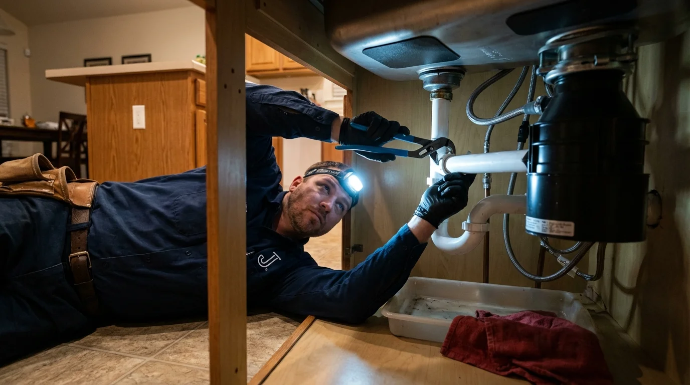 P-trap and supply line connections under a kitchen sink showing a common leak point in Palo Pinto, TX